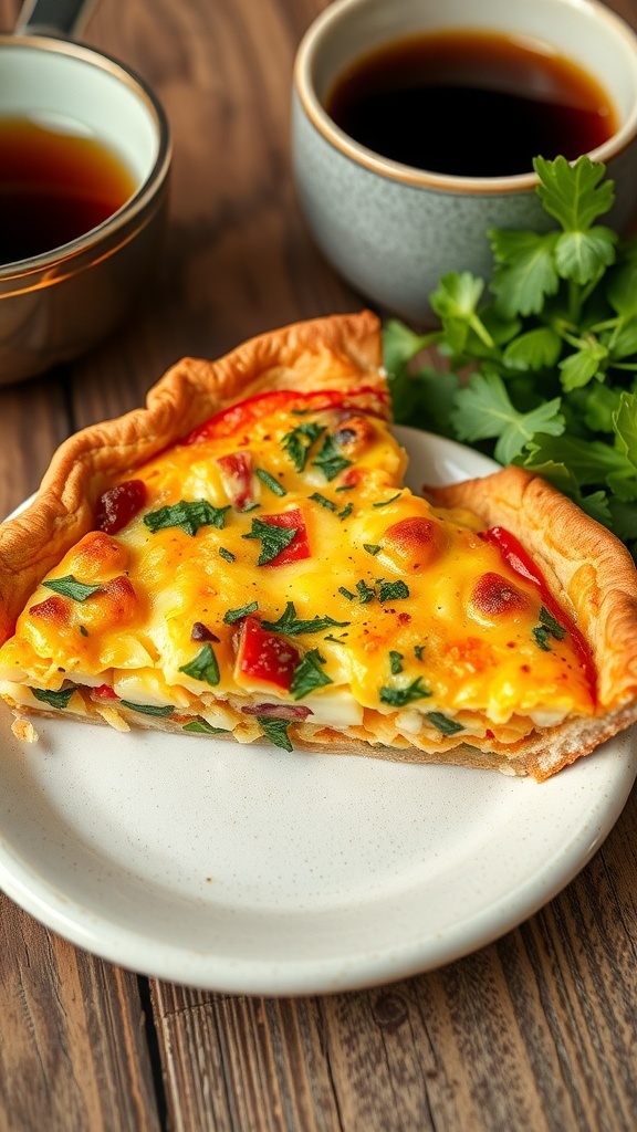 A slice of savory breakfast quiche with a flaky crust, filled with eggs, cheese, and vegetables, served with greens and coffee.